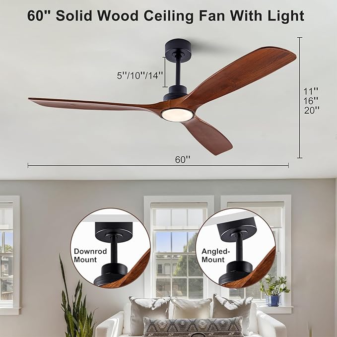 60" Wood Ceiling Fan with Lights Remote Control,Quiet DC Motor 3 Blade Ceiling Fans for Patio Living Room, Bedroom, Office,Indoor Outdoor(Black+Walnut)