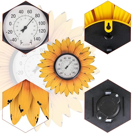 Outdoor Thermometers for Patio-Outdoor Thermometer - Patio Thermometer Wall Thermometer Sunflower Enclosure for Patio, Wall or Decorative, No Battery Required Hanging Thermometer
