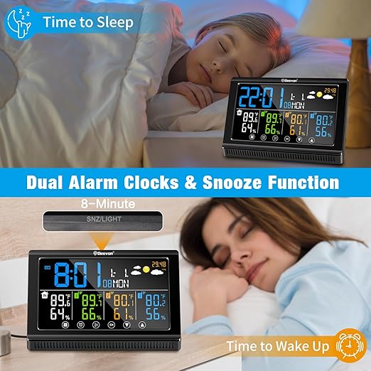 Geevon Weather Station Wireless Indoor Outdoor Thermometer 3 Sensors, Color Display Digital Temperature Humidity Monitor with Barometer, Calendar, USB Charge and Adjustable Backlight