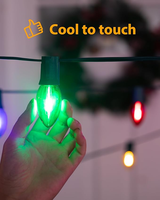 Vintage C9 LED Christmas Lights Outdoor - 50 Feet String with 50 Colored Bulbs, Waterproof Connectable Lights for Holiday Party Roofline, Backyard, Garden, Patio, Green Wire