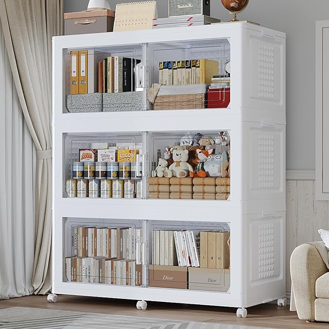 150GAL Extra Large Storage Bins with Lid, 600Qt Stackable Closet Organizers and Drawers, Collapsible Storage Bins with Wheels, Folding Storages Cabinet for Home Bedroom Office, 3Pack White