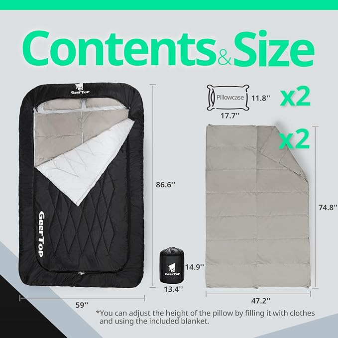 GEERTOP Comfort Doublewide Sleeping Bag with Blanket Queen Size Two Person Sleeping Bag for Adults, Couples & Family Camping