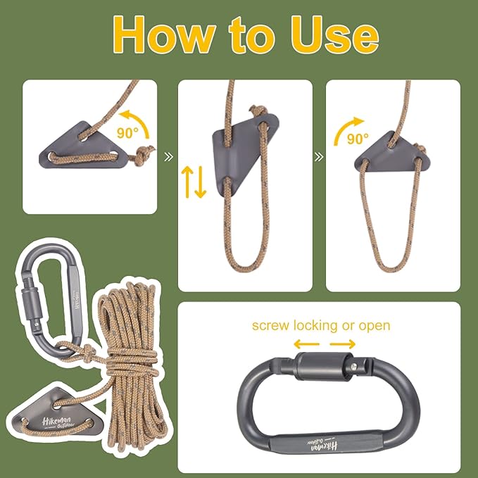 Hikeman 4 Pack Camping Rope with Locking Carabiner Clip,4mm Reflective Guy Lines with Triangular Guyline Adjuster Tensioner,Nylon Cord for Tent Tarp Tie Down,Hiking,Backpacking (White)