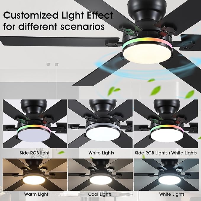 52" RGB Ceiling Fans with Lights and Remote/APP,Black Low Profile Ceiling Fans with Quiet Reversible DC Motor,Modern Flush Mount Fans Light for Bedroom Kids Room