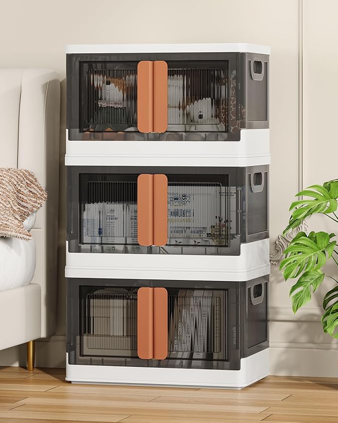 8.4Gal Collapsible Storage Bins with Lids & Wheels - 3 Pack Stackable with Doors, Heavy-Duty Plastic Containers for Home/Office, White