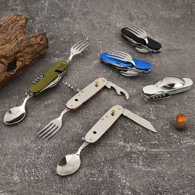 outdoor/camping 6-in-1 multi-function flatware silverware set, include knife, fork, spoon, corkscrew, bottle opener and fruit fork