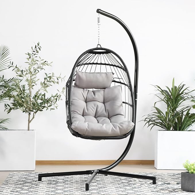 PRIVATE GARDEN Indoor Outdoor Hanging Egg Chair Wicker Hammock Swing Chairs UV Resistant Cushion Folding Aluminum Basket Frame for Bedroom Balcony Patio 330lbs Capacity
