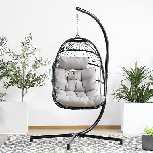 PRIVATE GARDEN Indoor Outdoor Hanging Egg Chair Wicker Hammock Swing Chairs UV Resistant Cushion Folding Aluminum Basket Frame for Bedroom Balcony Patio 330lbs Capacity