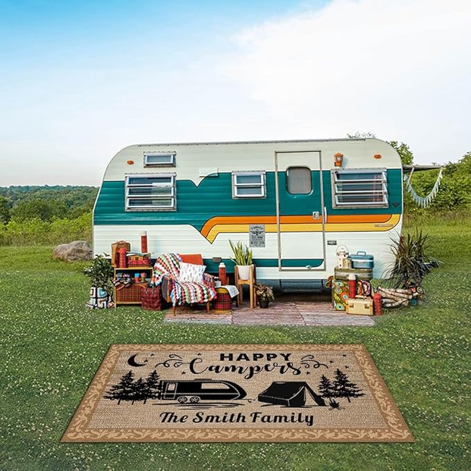 Custom Camping Rugs Happy Camper RV Trailer Campsite Decor Floor Mat for Outdoors, Patio, Backyard, Picnic, Beach, Camping, 66 x 99 Inch, 20 RV Optional