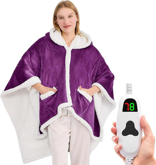 greenoak Wearable Heated Throw Blanket Electric Shawl - Heated Robe Poncho Blanket Hoodie for Adult, Winter Gifts for Mom Women Girlfriend Grandma 5-Position Timer 10-Heating Levels,Purple