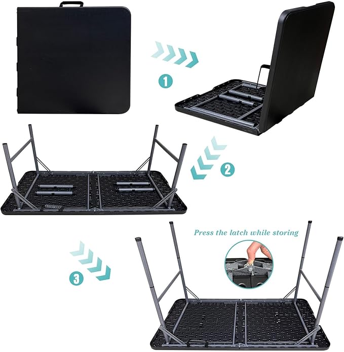 Gocamptoo Folding Table,4ft Indoor Outdoor Heavy Duty Portable Folding Square Plastic Dining Table w/Handle (Balck)
