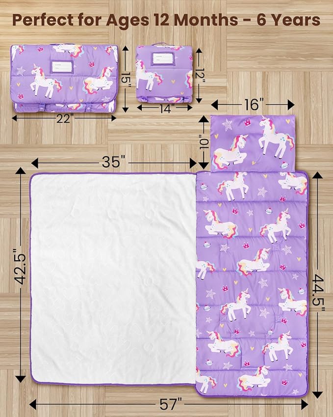 Primlect Toddler Nap Mat with Removable Pillow and Flannel Blanket, Portable Kids Sleeping Bag, Easy to Carry on The Go, Perfect for Daycare, Preschool, Boys and Girls, 12 Months - 6 Years