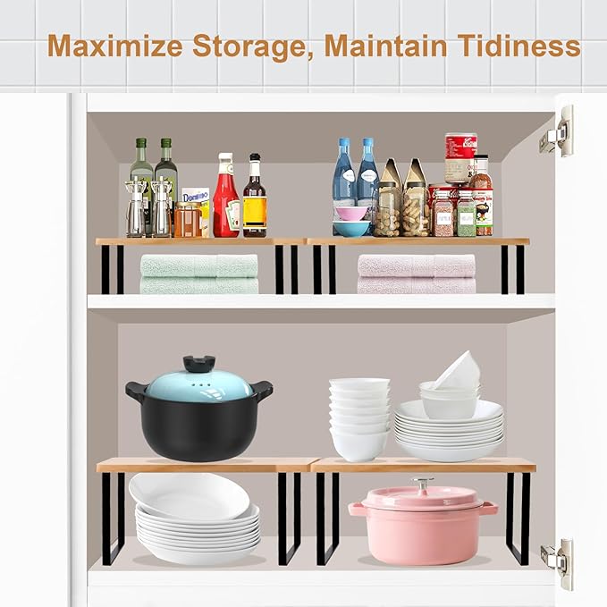 Bamber Large Cabinet Shelf Organizers Solid Wood Spice Rack Organizer for Cabinet Kitchen Countertop Storage, 16.5x10 Inches, Set of 2