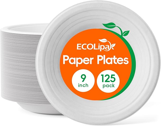 ECOLipak 125 Pack Paper Plates 9 inch 100% Compostable Plates Heavy-Duty Dinner Plates Disposable Bagasse Deep Dish Natural Biodegradable Eco-Friendly Sugarcane Plates(White)