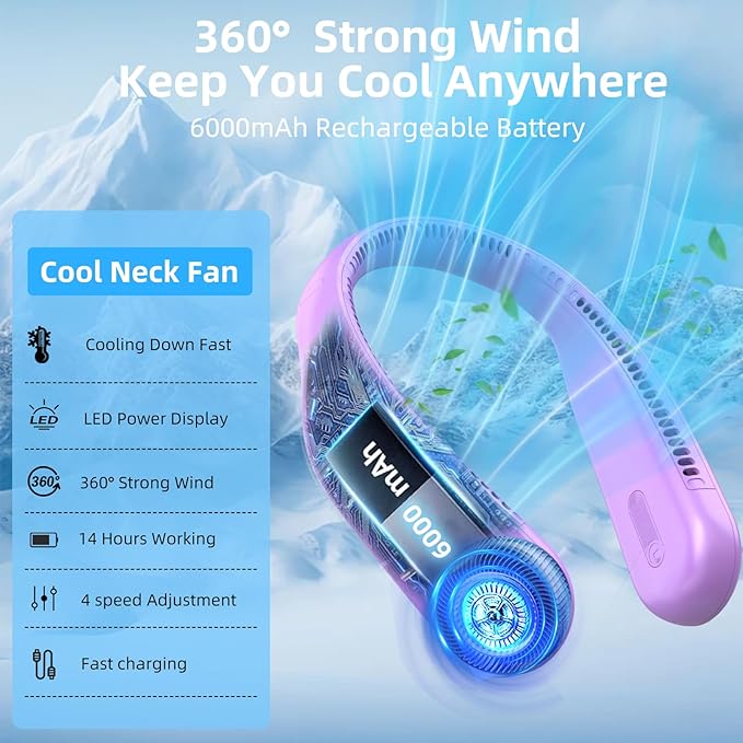 Portable Neck Fan,Gift Ideas,Personal Wearable Bladeless Fan,360° Cooling,LED Display,4-Speeds,6000mAh Rechargeable,Powerful Wind,Outdoor Travel Camping,Birthday Gifts for Men Women Dad Mom (Purple)
