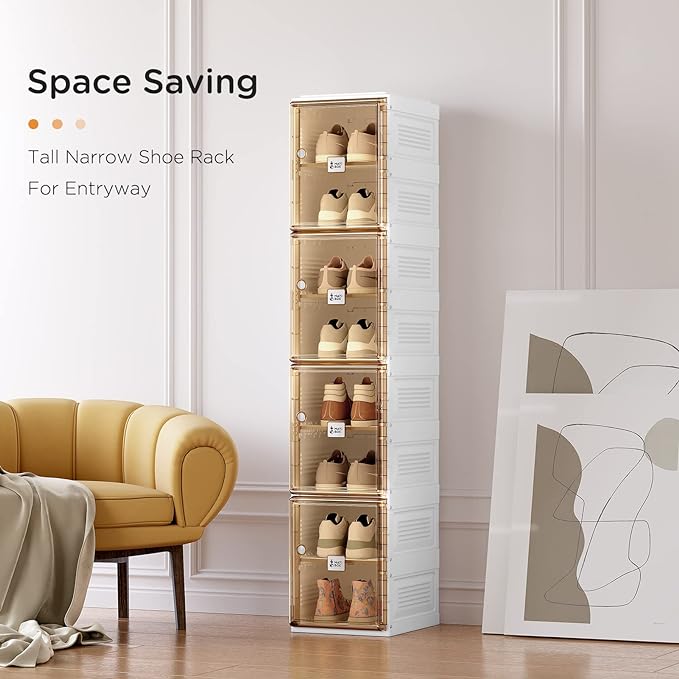 ANTBOX Shoe Organizer Storage Box, Portable Folding Shoe Rack for Closet with Magnetic Clear Door,Large Sneaker Cabinet Bins Sturdy Easy Assembly 8 Layers-8 Grids