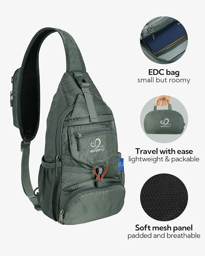 WATERFLY Packable Small Crossbody Sling Backpack Shoulder Chest Bag Daypack for Hiking Traveling