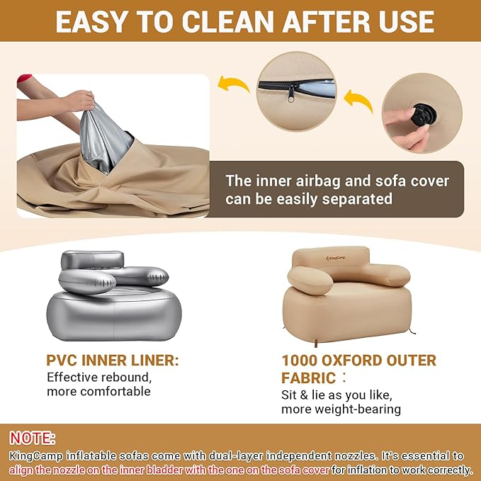 KingCamp Inflatable Couch for Camping, Portable Foldable Eco-Friendly Reach-Certified PVC Liner Air Lounger Blow Up Sofa with Foot Pump, Pegs, Repair Kit & Removable Cover