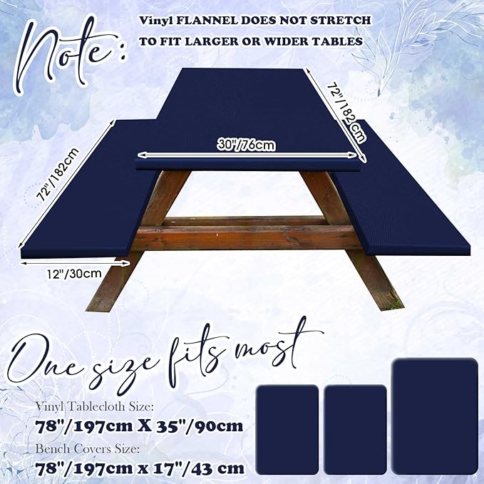 Irenare 3 Pcs Picnic Table and Bench Fitted Tablecloth Cover for 6 Ft Table 30 x 72 Inch Vinyl Fitted Elastic Edges Waterproof Wipeable Tablecloth for Indoor Outdoor Picnics Patio Camping (Navy Blue)