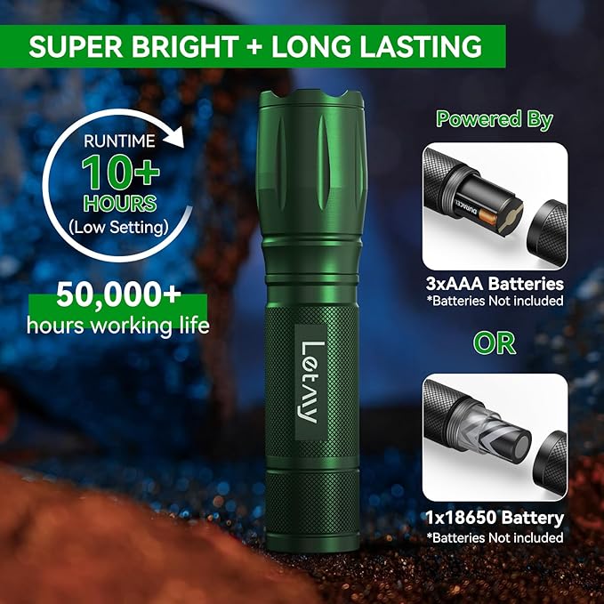 LETMY Tactical Flashlight - 2 Pack Bright Military Grade LED Flashlights High Lumens - Portable Handheld Flash Light, 5 Modes Zoomable Waterproof Flashlights for Home Emergency Camping- Green