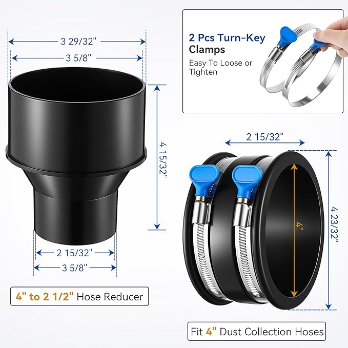 2-1/2 x10 ft PVC Dust Collection Hose with 2 Steel Hose Clamps 4 to 2-1/2 Cone Reducer & 4 in Dust Collection Flex Cuff with 2 Adjustable Turn Key Thumb Clamps for Debris Collection System