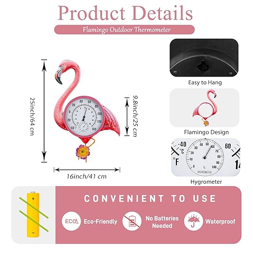 Large Outdoor Thermometer, Flamingo Wall Thermometer Hygrometer No Need Battery, Retro Sun Outside Thermometer Decoratibve for Backyard, Garden, Living Room