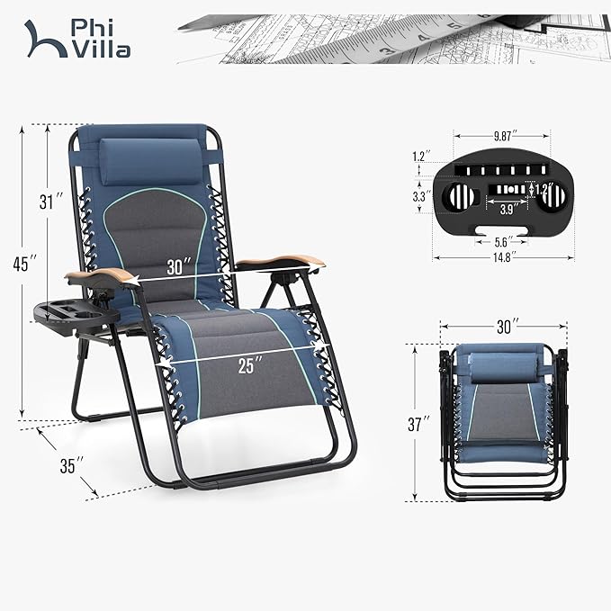 PHI VILLA XXL Oversized Padded Zero Gravity Chair, Foldable Patio Recliner, 30" Wide Seat Anti Gravity Lounger with Cup Holder, Set of 2, Support 400 LBS (Blue Accent)