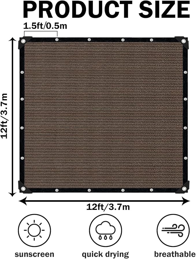 Sun Shade Cloth with Grommets,90% UV Protection Shade Fabric,Pergola Shade Cover Canopy Fence Privacy Screen Balcony,Brown Sunshades for Patio Pergola Garden Backyard Outdoor,Mocha-12x12FT