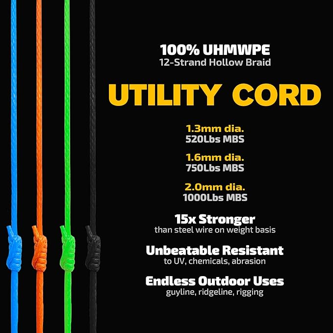 emma kites Hollow UHMWPE Braided Cord 1.3mm, 1.6mm, 2mm Spliceable for Tent Guyline Tarp Hammock Ridgeline Whoopie Sling Bear Bagging for Camping Backpacking