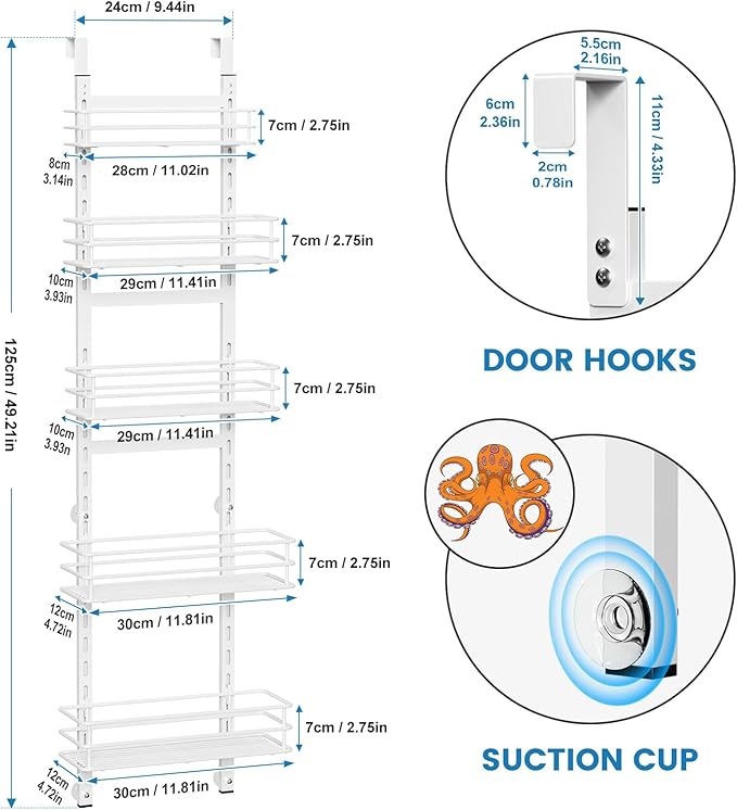 Adjustable 5-Tier Over the Door Pantry Organizer, Spice Rack, Narrow Hanging Shelf for Kitchen Storage and Organization (White)