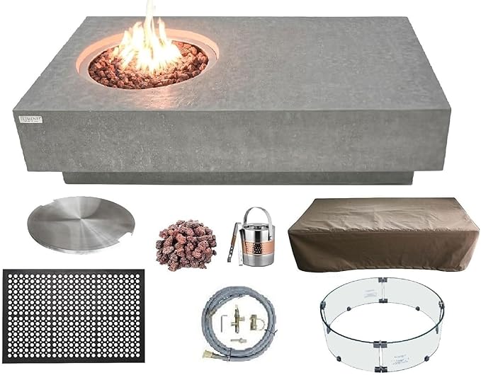 Elementi | Bundle Metropolis Gas Fire Pit Cast Concrete 56" Rectangular Fire Table, Outdoor Fire Pit Electronic Ignition | Canvas Cover, Lava Rock Included | Light Gray (Natural Gas)