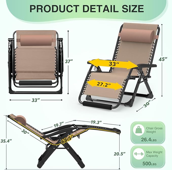 Suteck Oversized Zero Gravity Chair,33In XXL Lounge Chair w/Removable Cushion&Headrest, Reclining Camping Chair w/Upgraded Lock and Footrest, Reclining Patio Chairs Recliner for Indoor Outdoor,500LBS