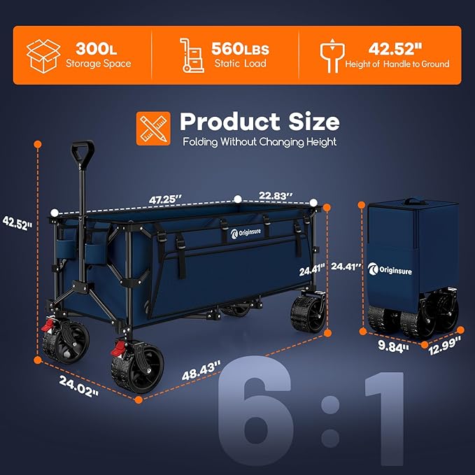 48" L Collapsible Wagon Cart Foldable, 560LB Weight Capacity 300L Heavy Duty Folding Beach Wagons with Big All-Terrain Wheels, Utility Carts for Groceries, Shopping, Camping, Sports - Blue