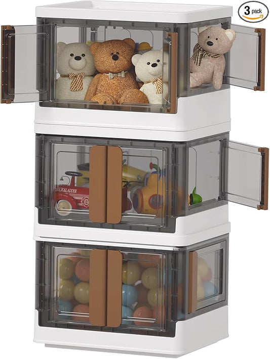 HAIXIN Closet Organizers and Storage, 4 Doors Opening Stackable Storage Box, 6.86 Gal Plastic Dorm Room Essentials, Folding Storage Container with Wheels, Cube Bins for Room Organizer, 3 Pack