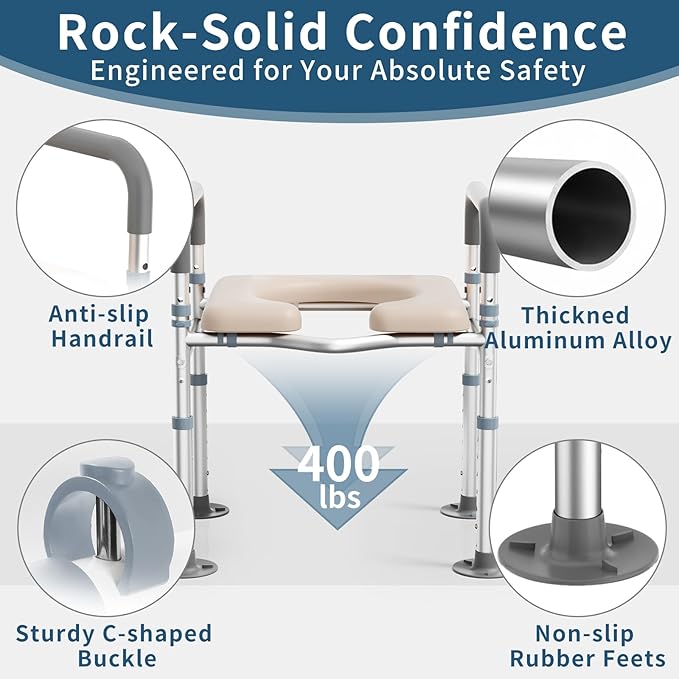 Adjustable Toilet Seat Risers for Seniors-Heavy Duty 400lb Raised Toilet Seat with Handles & Padded Arms-Fits Elongated & Standard Toilets