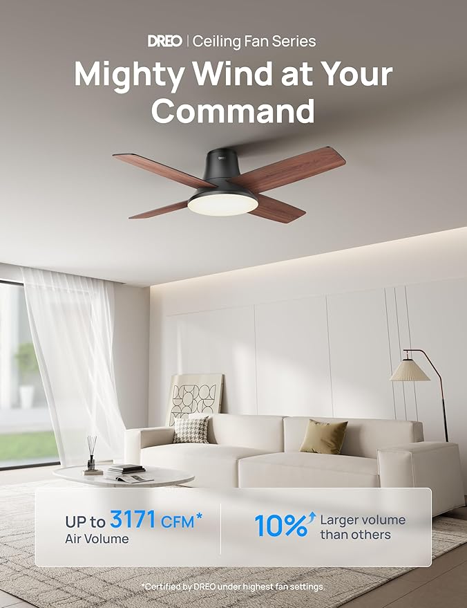 Dreo Ceiling Fans with Lights, 12 Speeds & 3 Fan Modes, Quiet DC Motor, Low Profile Easy to Install, Flush Mount Smart Ceiling Fan with Dimmable LED, 12H Timer for Bedroom, Remote, Black, 44''
