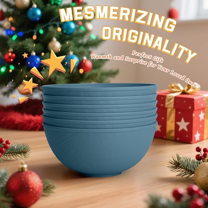 Homienly Bowls for Kitchen, Premium Wheat Straw Bowl 6 PCS, Unbreakable LIghtweight Salad Bowl with Texture, Alternative to Plastic Bowls Reusable, Microwave and Dishwasher Safe, Freezer Safe- Blue