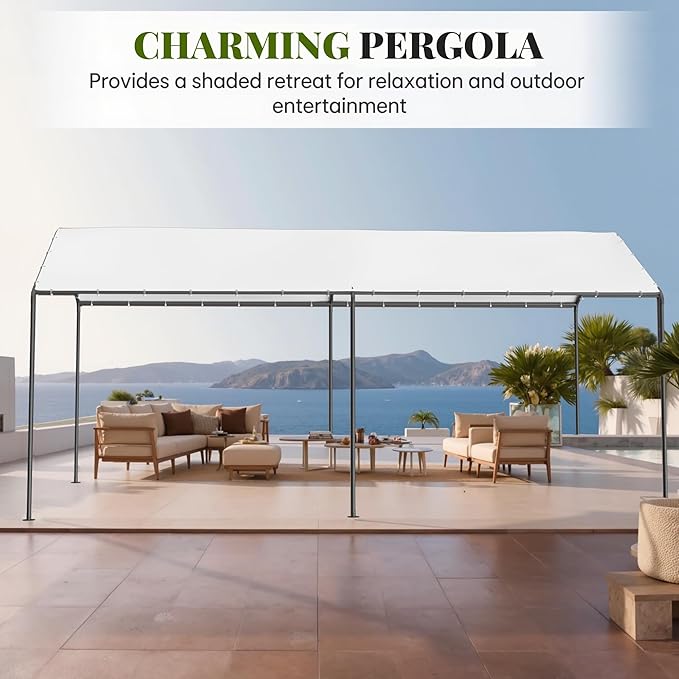 Carport, 10‘ x 20’ Heavy Duty Portable Garage All-Season Car Canopy w/Removable Sidewall & Doors, Carport Canopy Party Tent w/Water-Resistant Tarp for Backyard (White, 10' x 20' /no Side)