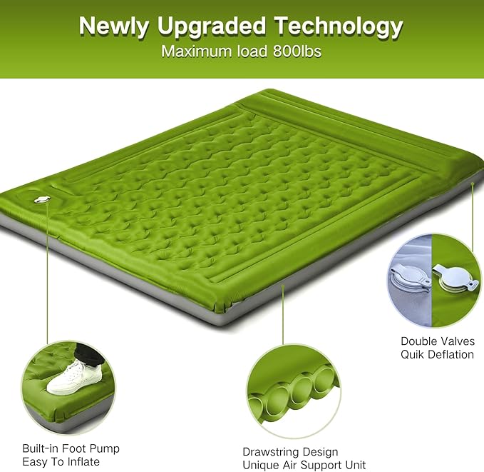 Double Sleeping Pad Camping, Self Inflating 6'' Extra-Thick 2 Person Pillow Built-in Foot Pump Waterproof Inflatable Sleeping Mat Backpacking, Tent, Hiking, Portable Camping Pad (Yellow Grey)