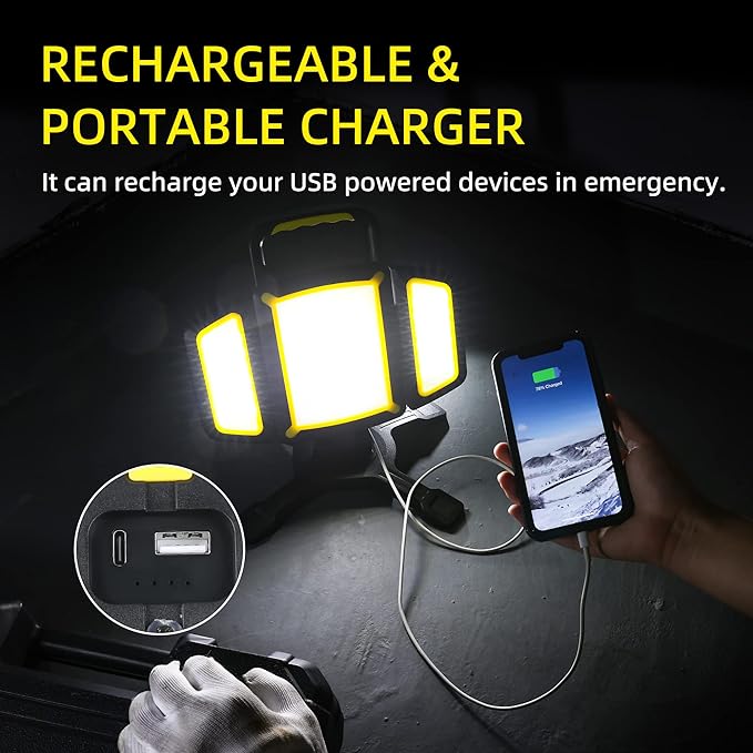 Yzoni Rechargeable Work Light, 30W 3000Lumen LED Work Light with 5 Modes, Battery Powered Magnetic Lights with 360°Rotate Foldable Design, Job Site Lighting for Car Repair, Garage, Workshop, Camping