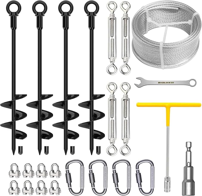 4 Pack 18" Fully Welded Ground Anchors Shed Anchor Kit with 1/8" Galvanized Cable, Heavy Duty Earth Anchors High Wind Screw in for Trampoline Swingset Tent Greenhouses (Black)