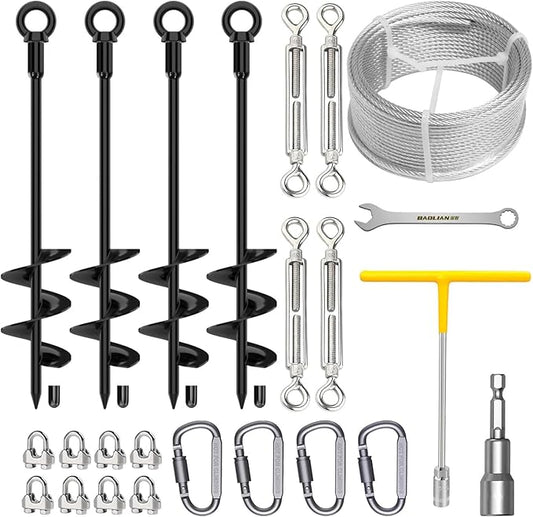 4 Pack 18" Fully Welded Ground Anchors Shed Anchor Kit with 1/8" Galvanized Cable, Heavy Duty Earth Anchors High Wind Screw in for Trampoline Swingset Tent Greenhouses (Black)