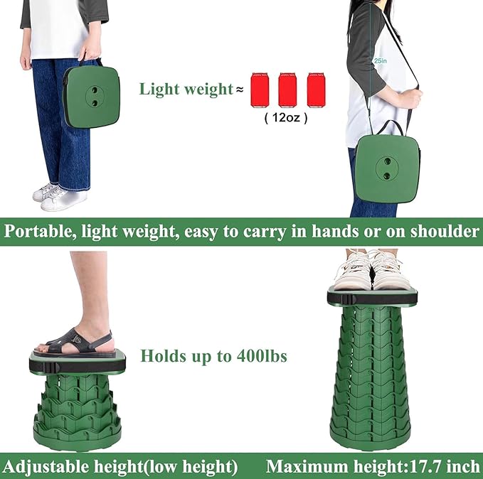 Fishboy Upgraded Square Collapsible Stool, 400lbs Max Weight, Lightweight But Sturdy, Portable Retractable Folding Telescoping Foldable Camping Stool for Adults Outdoor Fishing Hiking Travel BBQ