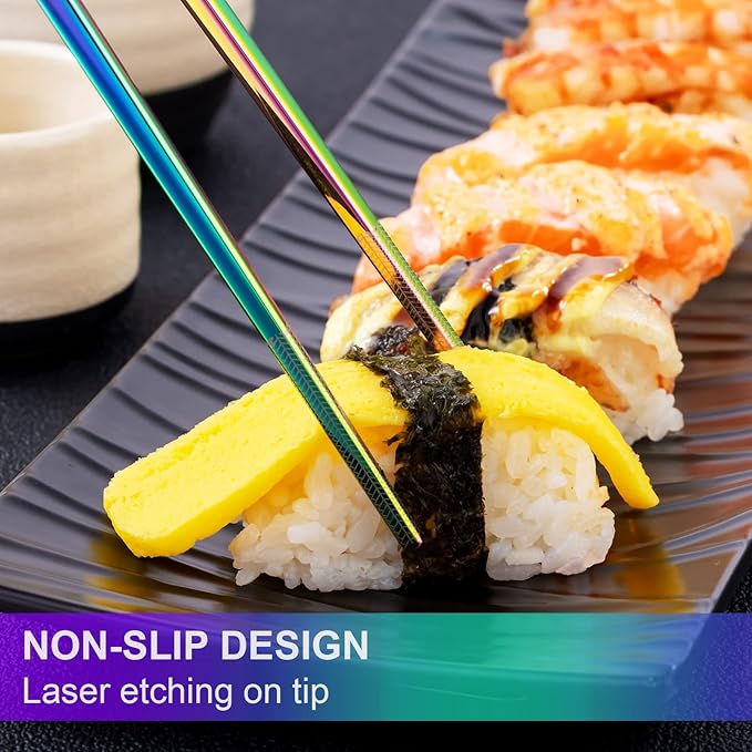 Metal Chopsticks Reusable 5 Pairs Multicolor Stainless Steel Chopsticks Dishwasher Safe Square Lightweight Non-Slip Chop Sticks Present Set