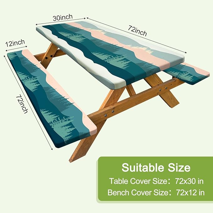 Picnic Table Cover with Bench Covers Camping Tablecloth with Storage Bag Windproof Waterproof Picnic Table Covers with Elastic for Camping