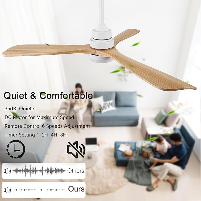 48" Wooden Ceiling Fan with Lighted Remote Control, Indoor/Outdoor Modern Fan with 3 Blades for Patio, Living Room, Farmhouse, etc (White + Wood Color)