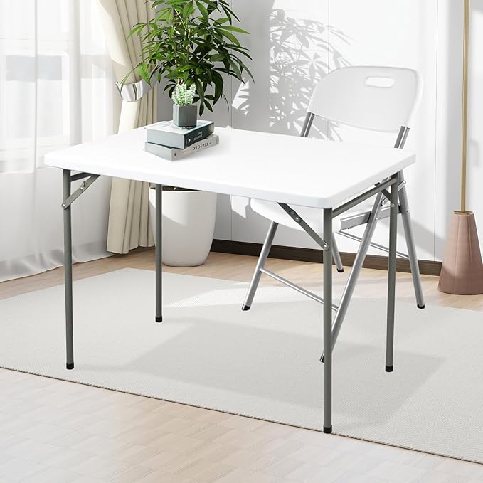 Folding Table 3ft Rectangular All-Occasion Plastic Folding Event Table for Indoor and Outdoor, Portable Desk, Camping, Durable and Stable, HDPE and Steel, Wide Application, White
