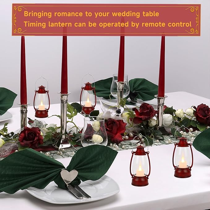 Vintage Red Lantern Decor With Remote Control, 8" Candle Lantern with Handle - Small Hanging Lanterns for Decorative Indoor & Outdoor Use - Perfect for Wedding Centerpiece