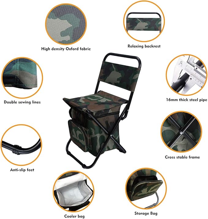 LEADALLWAY Fishing Chair with Cooler Bag Compact Fishing Stool Foldable Camping Chair