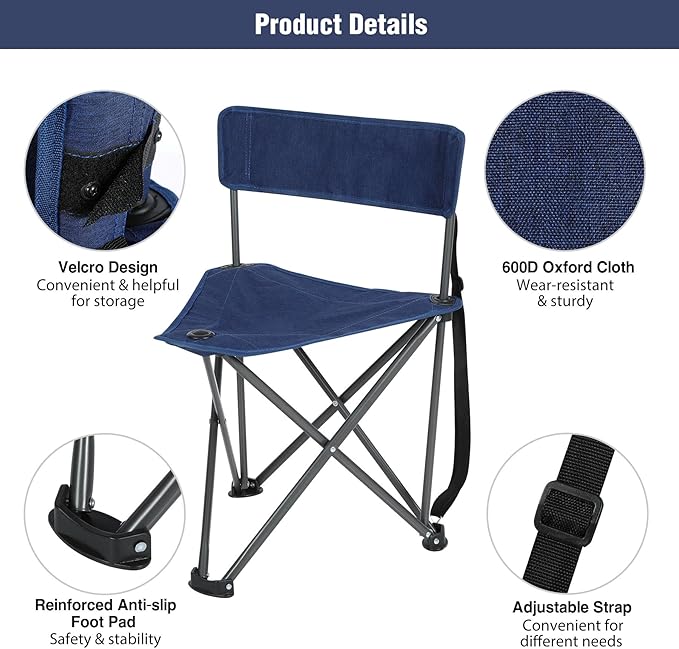 REDCAMP 2 Pack Tripod Chairs for Adults, Folding Lightweight Portable Golf Chairs for Spectators, Compact 3 Legged Tripod Stools Seat with Backrest for Camping Fishing Hunting, Blue